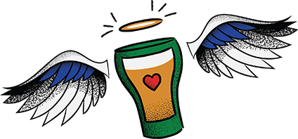 Beer glass with angel wings and halo graphic.