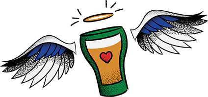 Beer glass with angel wings and halo graphic.
