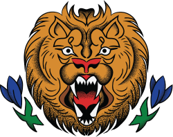 Lion head graphic.