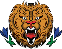 Lion head graphic.