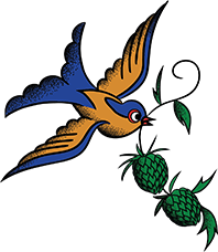 Bird holding hops plant graphic.