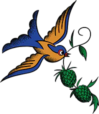 Bird holding hops plant graphic.