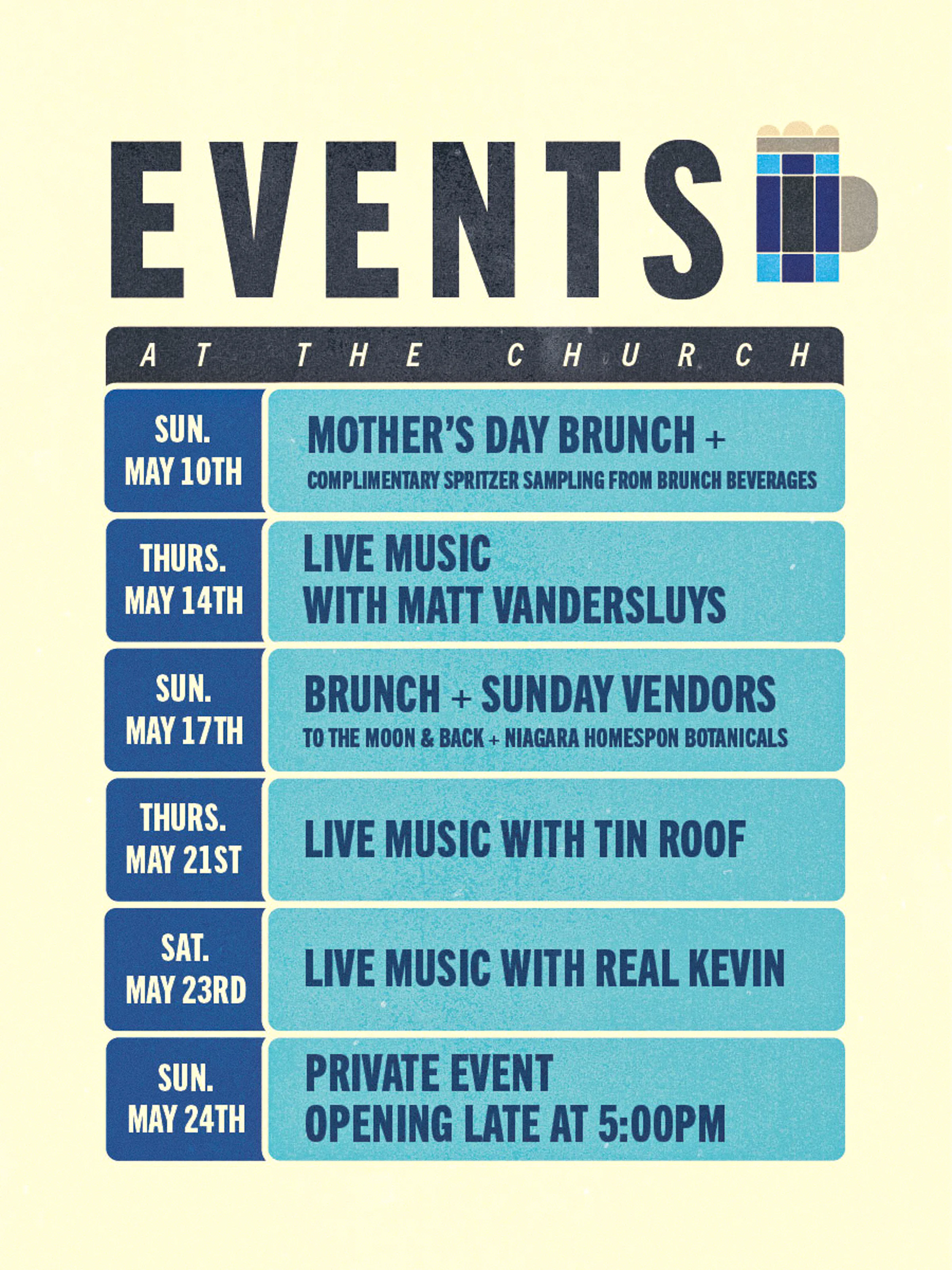 Graphic listing upcoming events at the Church.